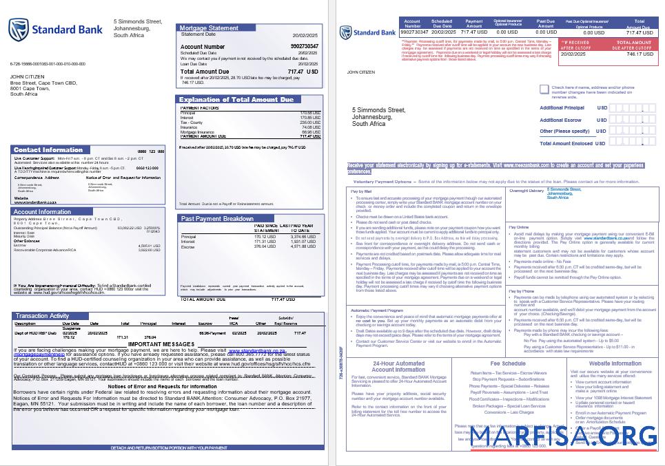 Blank South Africa Standard bank mortgage statement in Word and PDF formats 1 2 example